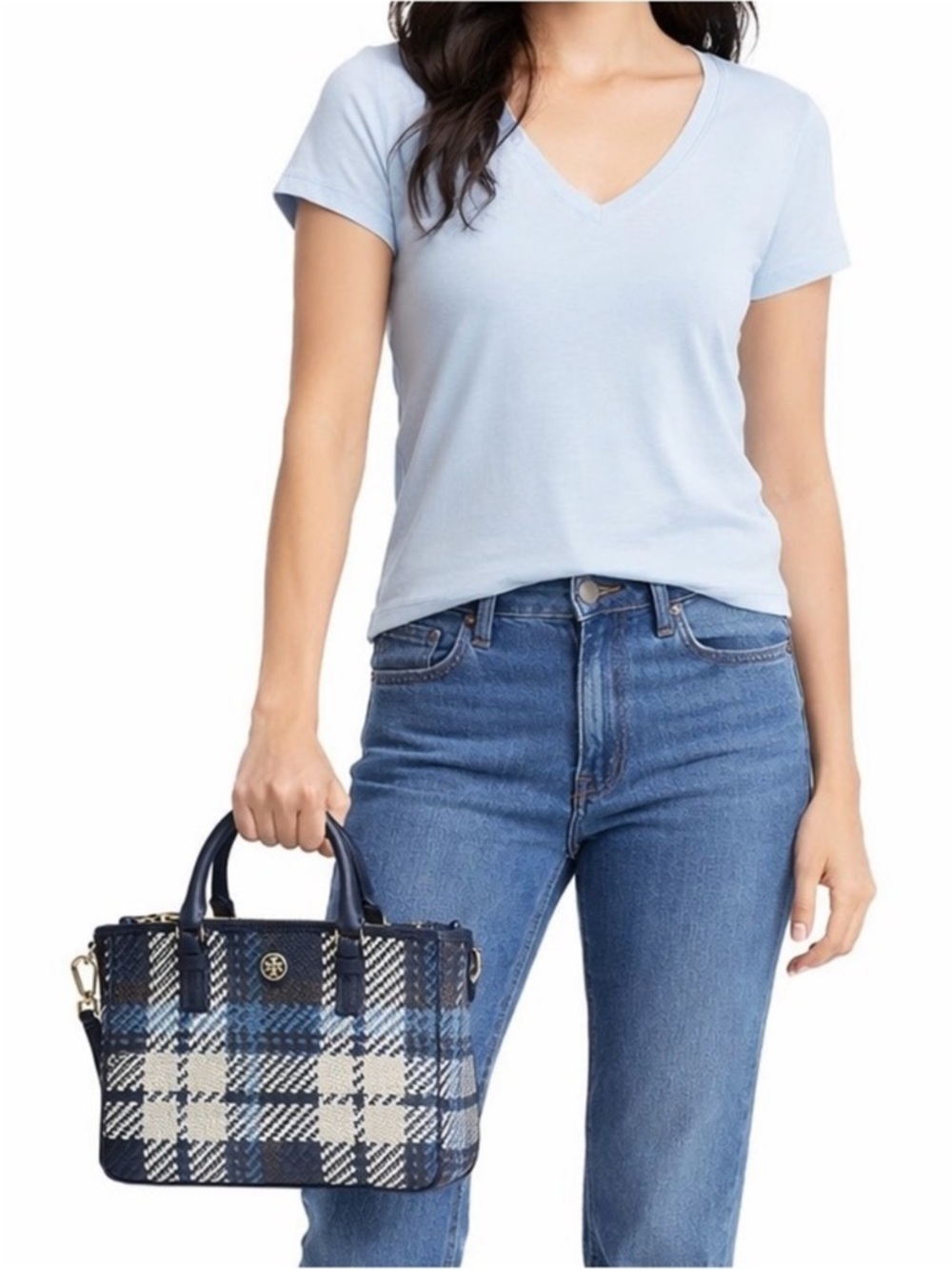 TORY BURCH Robinson Leather Plaid Woven Satchel Crossbody Bag, Navy Black White